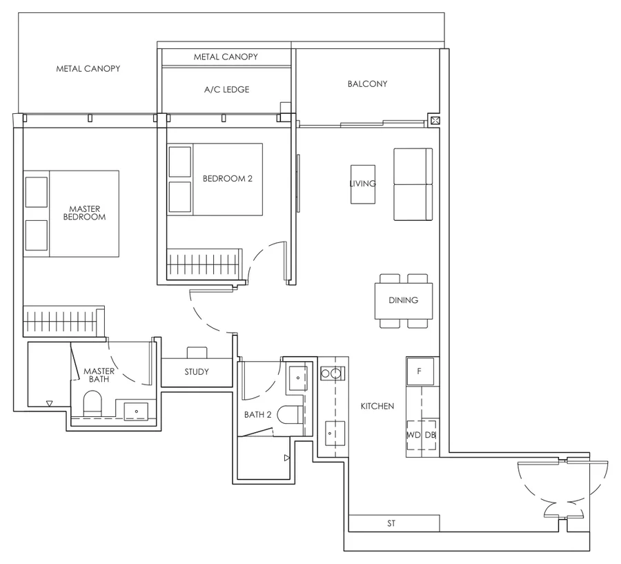 Floor plan of Newport Residences type BPS1, 2-Bedroom Premium + Ensuite Study / Study, 818 sq ft