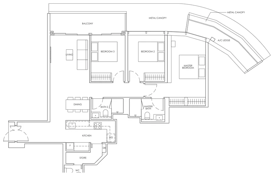 Floor plan of Newport Residences type CP1, 3-Bedroom Premium, 1,206 sq ft