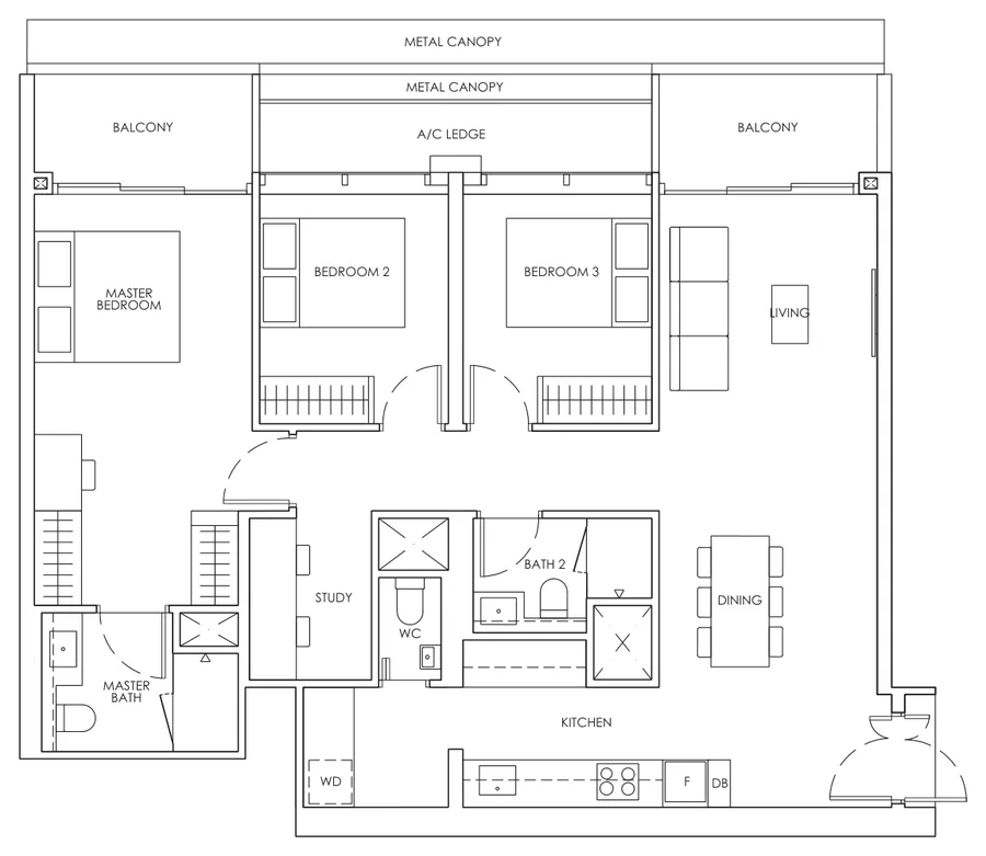 Floor plan of Newport Residences type CPS1, 3-Bedroom Premium + Study, 1,227 sq ft