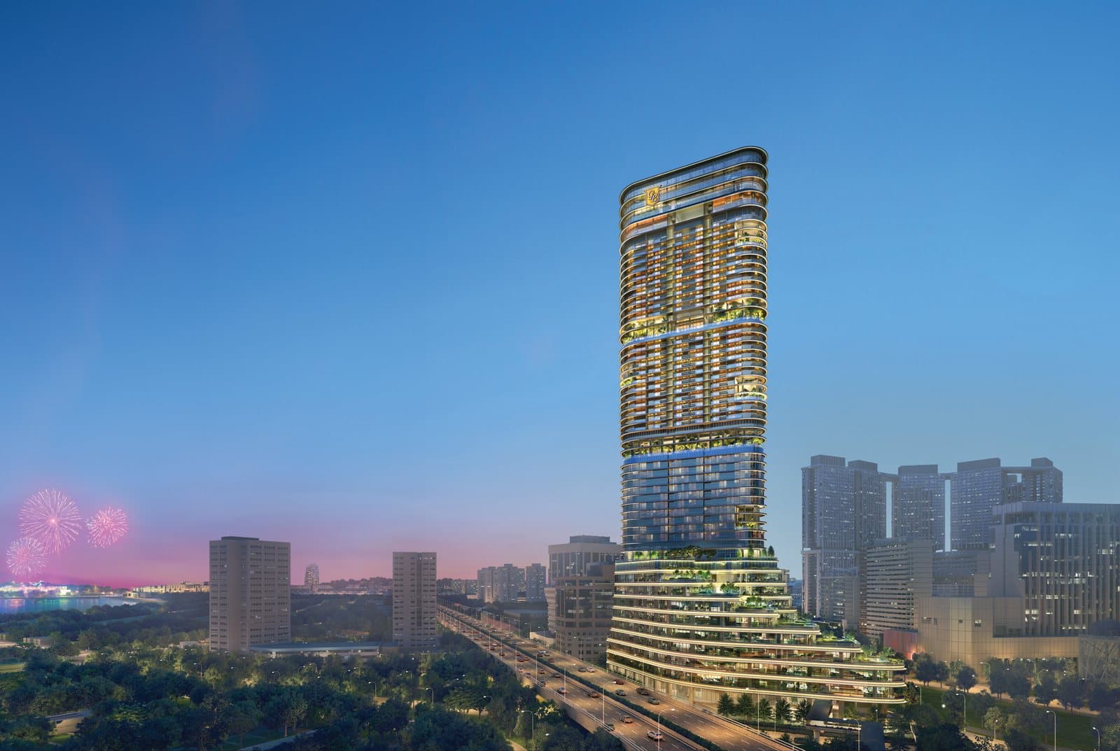 Artist's impression of the Newport Residences tower at dusk, its stepped green podium beside the expressway and the Tanjong Pagar skyline behind