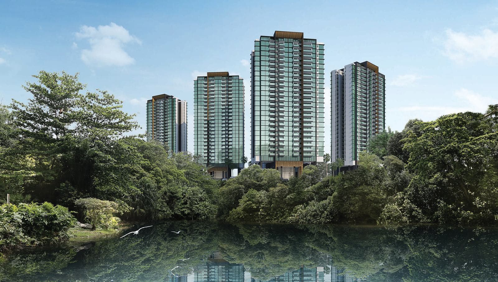 Artist's impression of Normanton Park seen across a lake: four of its 24-storey glass-fronted towers rising above the trees of Kent Ridge