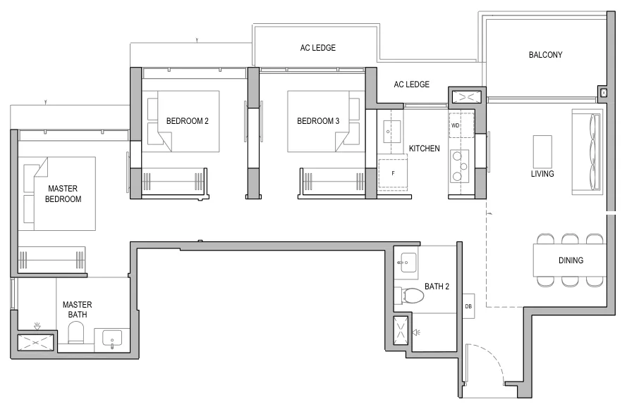 Floor plan of North Gaia type C2 / C2-H, 3-Bedroom, 958 sq ft