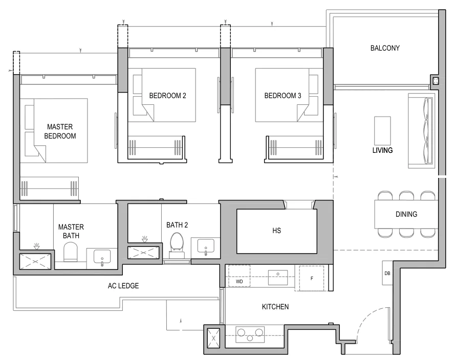 Floor plan of North Gaia type C3 / C3-H / C3-P, 3-Bedroom, 969 sq ft