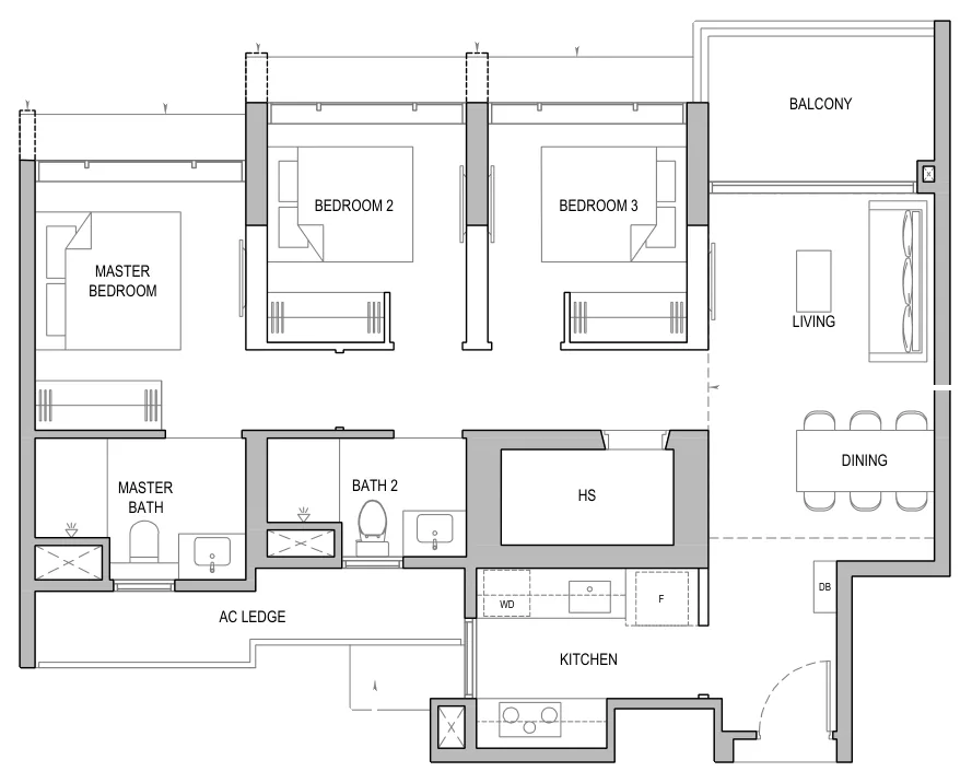 Floor plan of North Gaia type C4 / C4-H / C4-P, 3-Bedroom, 969 sq ft