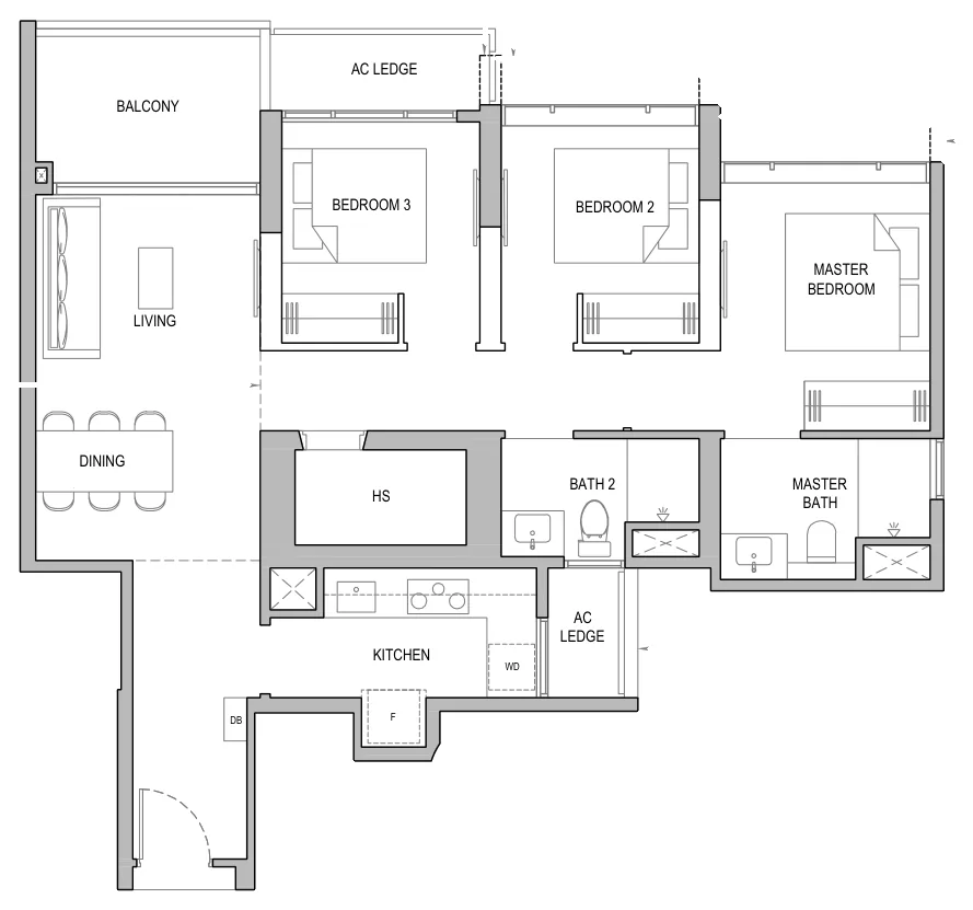 Floor plan of North Gaia type C5 / C5-H / C5-P, 3-Bedroom, 980 sq ft