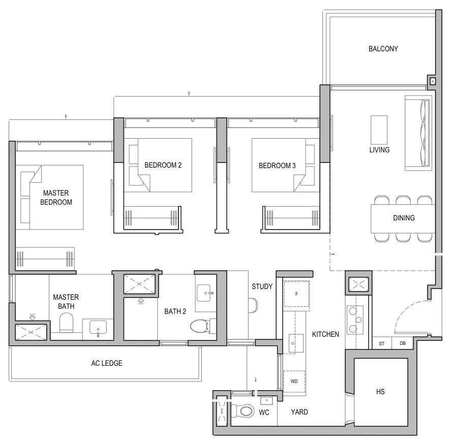 Floor plan of North Gaia type CS1 / CS1-H / CS1-P, 3-Bedroom with Yard and Study, 1,055 sq ft