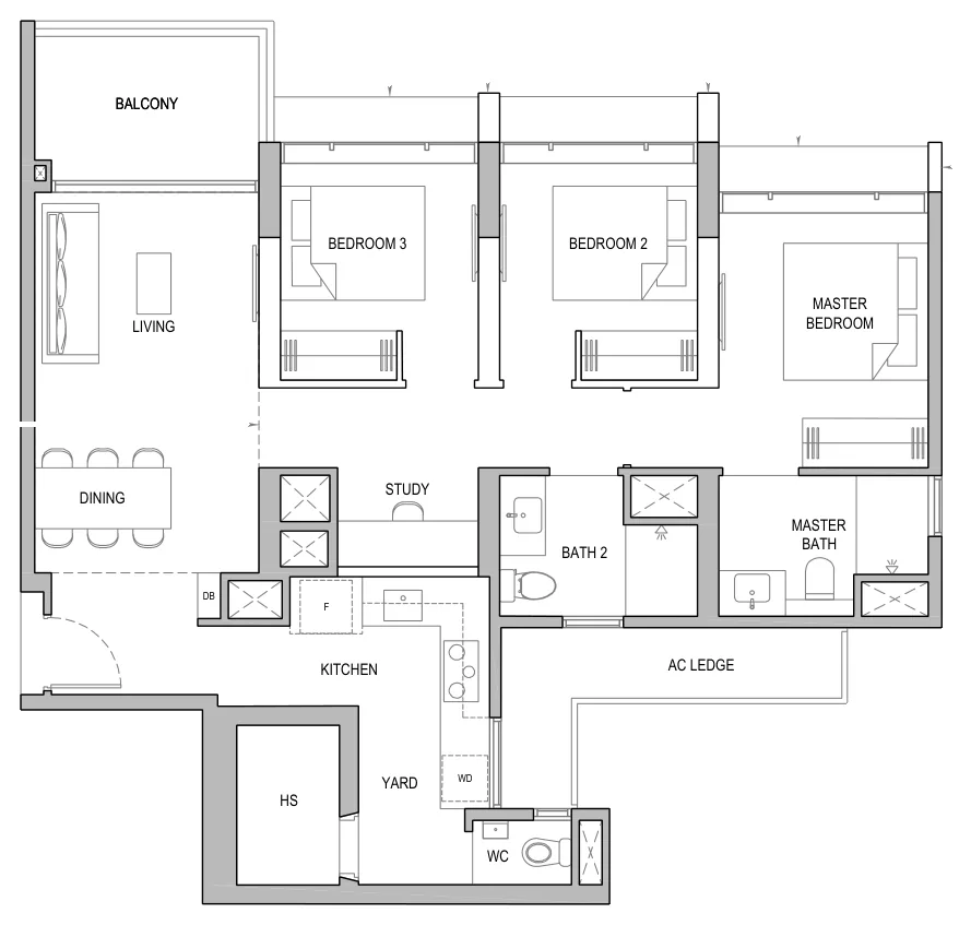 Floor plan of North Gaia type CS2 / CS2-H / CS2-P, 3-Bedroom with Yard and Study, 1,066 sq ft