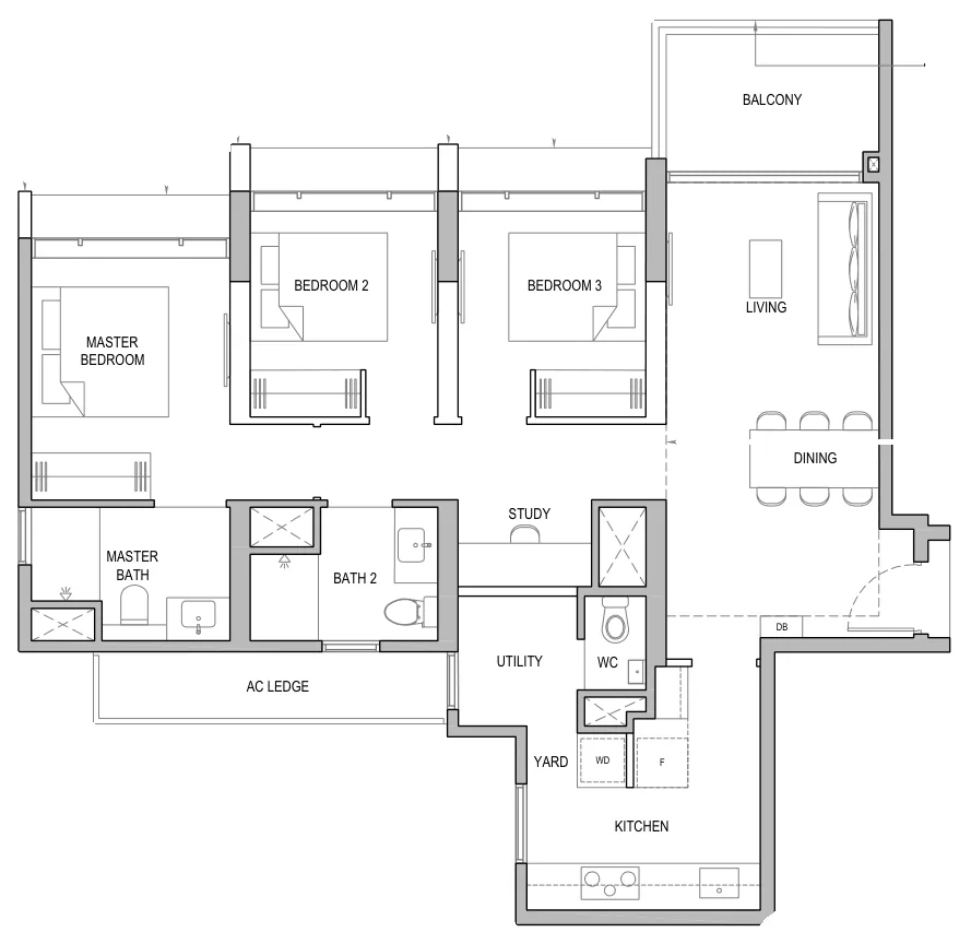 Floor plan of North Gaia type CS3 / CS3-H / CS3-P, 3-Bedroom with Yard and Study, 1,066 sq ft