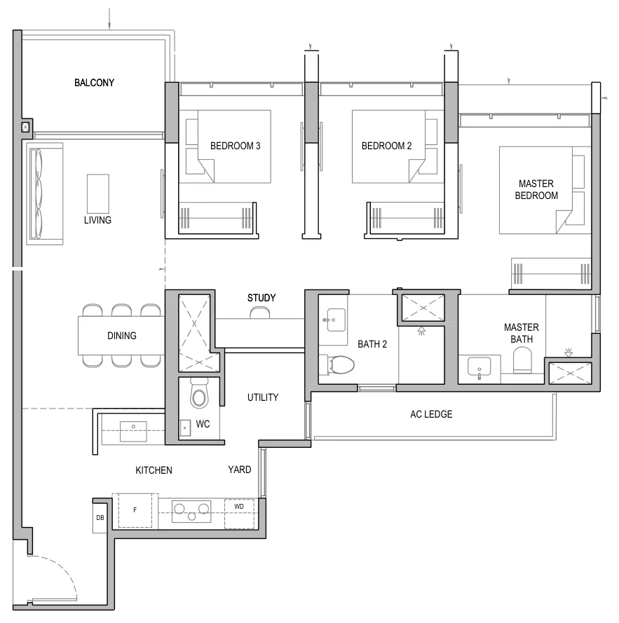 Floor plan of North Gaia type CS4 / CS4-H / CS4-P, 3-Bedroom with Yard and Study, 1,066 sq ft