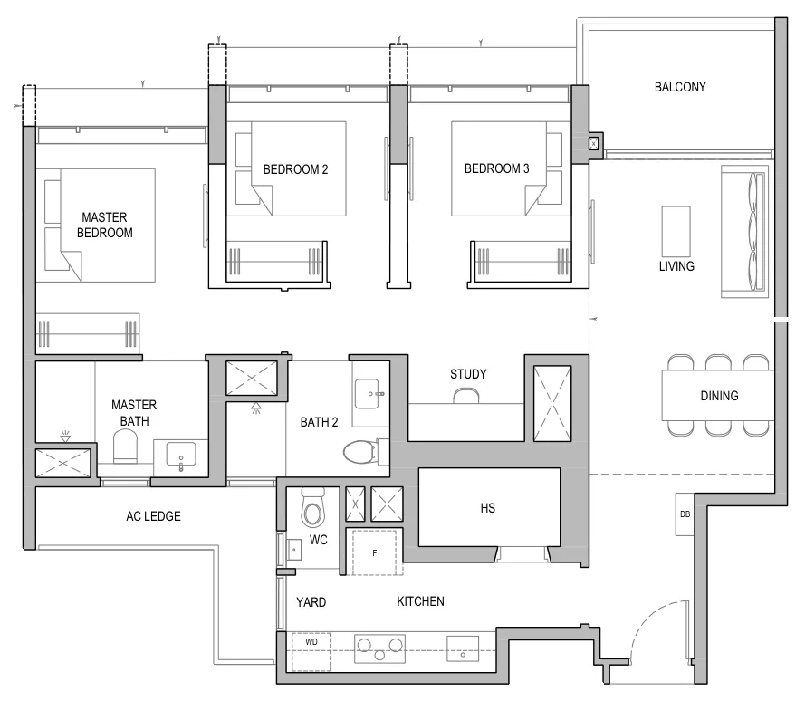 Floor plan of North Gaia type CS5a / CS5a-H / CS5a-P, 3-Bedroom with Yard and Study, 1,076 sq ft