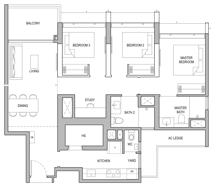 Floor plan of North Gaia type CS5b / CS5b-H / CS5b-P, 3-Bedroom with Yard and Study, 1,076 sq ft