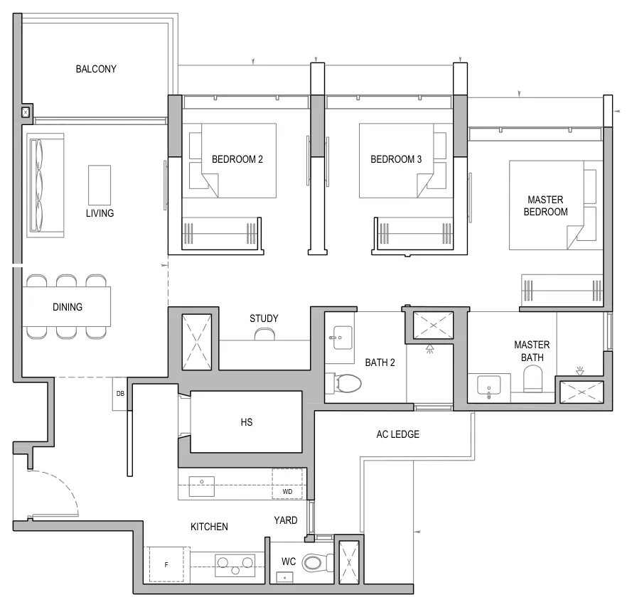 Floor plan of North Gaia type CS6 / CS6-H, 3-Bedroom with Yard and Study, 1,076 sq ft
