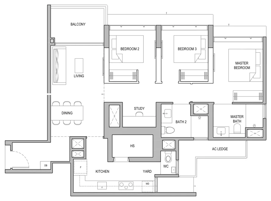 Floor plan of North Gaia type CS7 / CS7-H / CS7-P, 3-Bedroom with Yard and Study, 1,076 sq ft