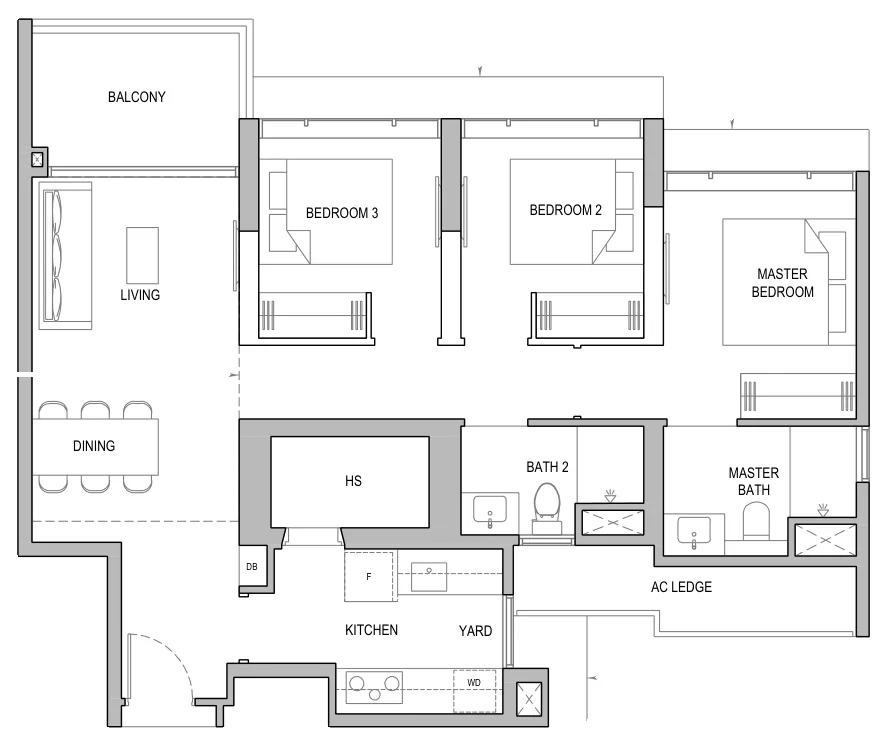 Floor plan of North Gaia type CY1a / CY1a-H, 3-Bedroom with Yard, 1,001 sq ft