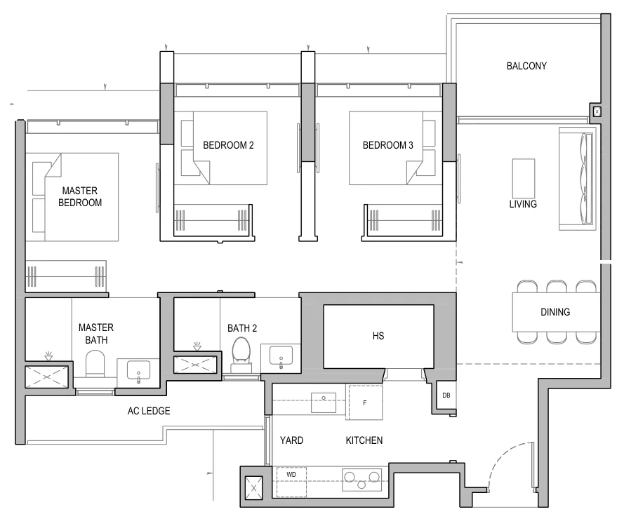 Floor plan of North Gaia type CY1b / CY1b-H / CY1b-P, 3-Bedroom with Yard, 1,001 sq ft