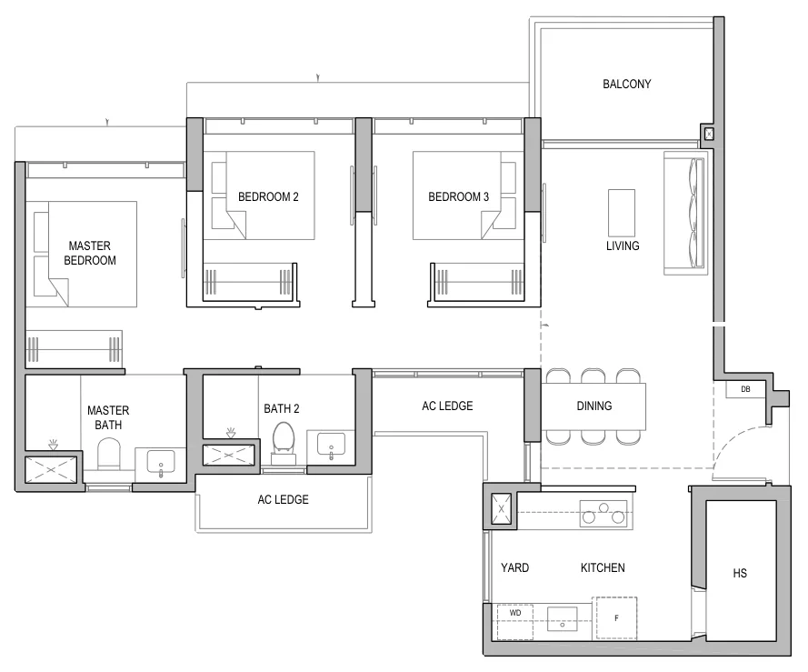 Floor plan of North Gaia type CY2 / CY2-H / CY2-P, 3-Bedroom with Yard, 1,001 sq ft