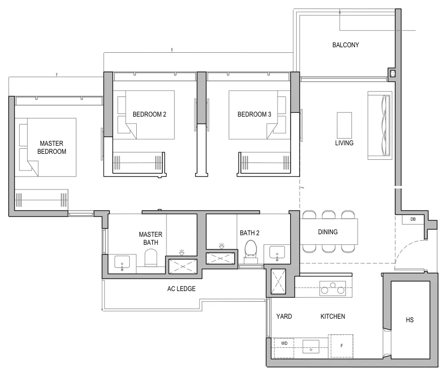Floor plan of North Gaia type CY3 / CY3-H / CY3-P, 3-Bedroom with Yard, 1,001 sq ft