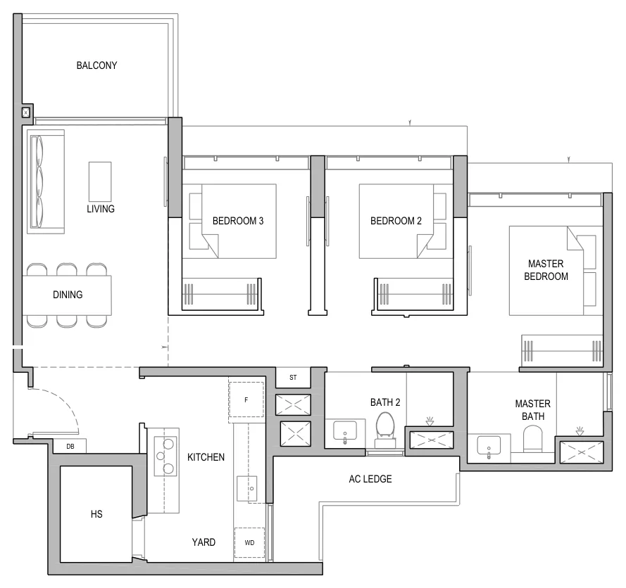 Floor plan of North Gaia type CY4 / CY4-H / CY4-P, 3-Bedroom with Yard, 1,001 sq ft