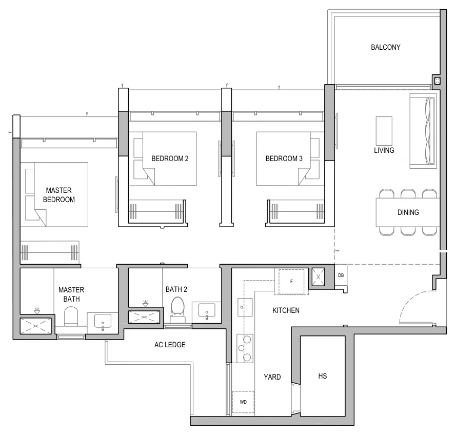 Floor plan of North Gaia type CY5 / CY5-H / CY5-P, 3-Bedroom with Yard, 1,001 sq ft