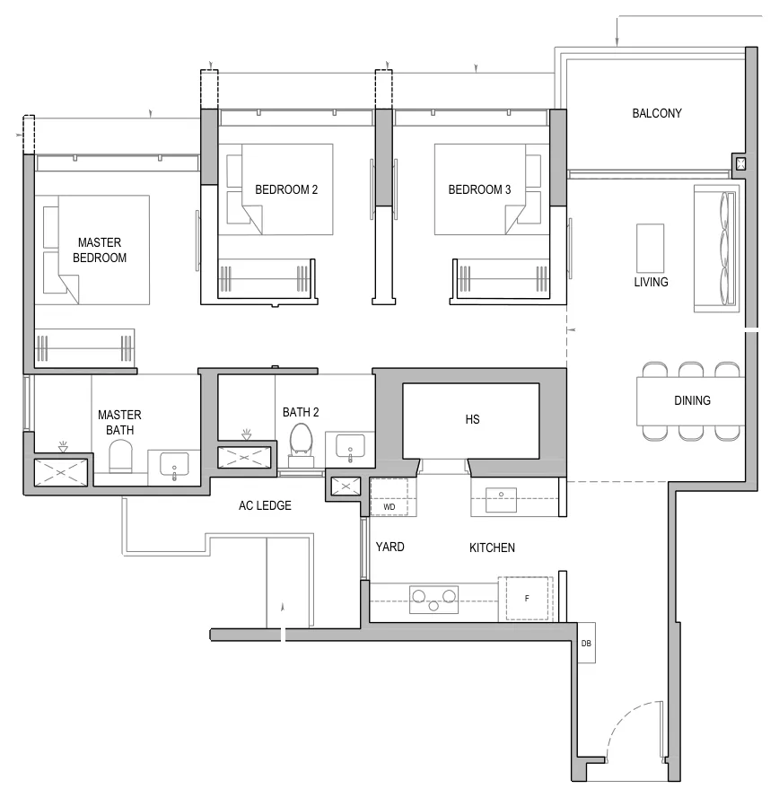 Floor plan of North Gaia type CY6 / CY6-H / CY6-P, 3-Bedroom with Yard, 1,033 sq ft