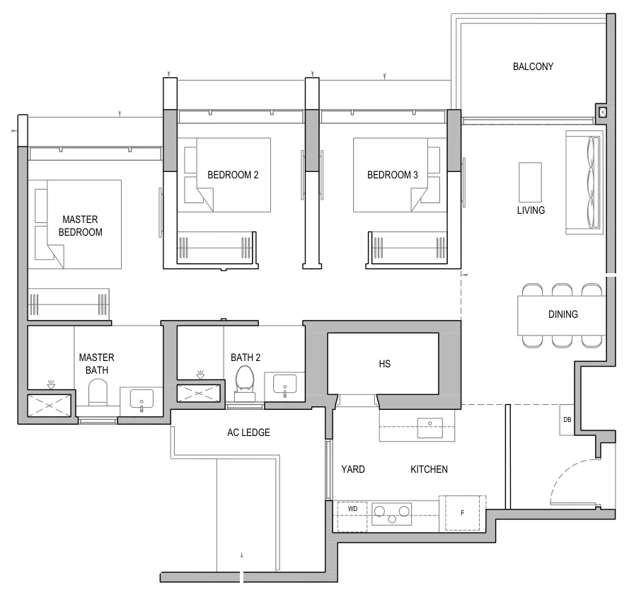 Floor plan of North Gaia type CY7 / CY7-H, 3-Bedroom with Yard, 1,023 sq ft