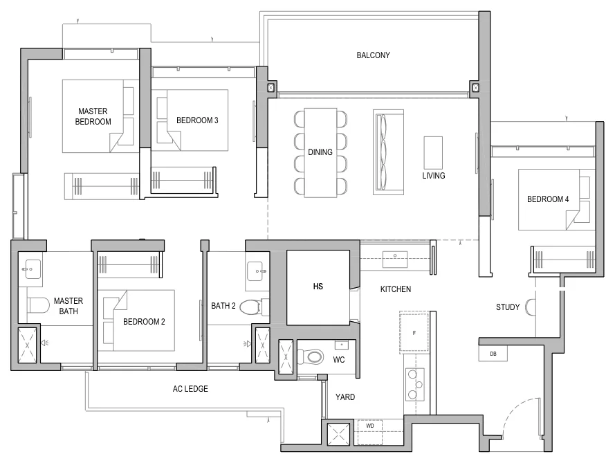 Floor plan of North Gaia type D2 / D2-H / D2-P, 4-Bedroom, 1,313 sq ft