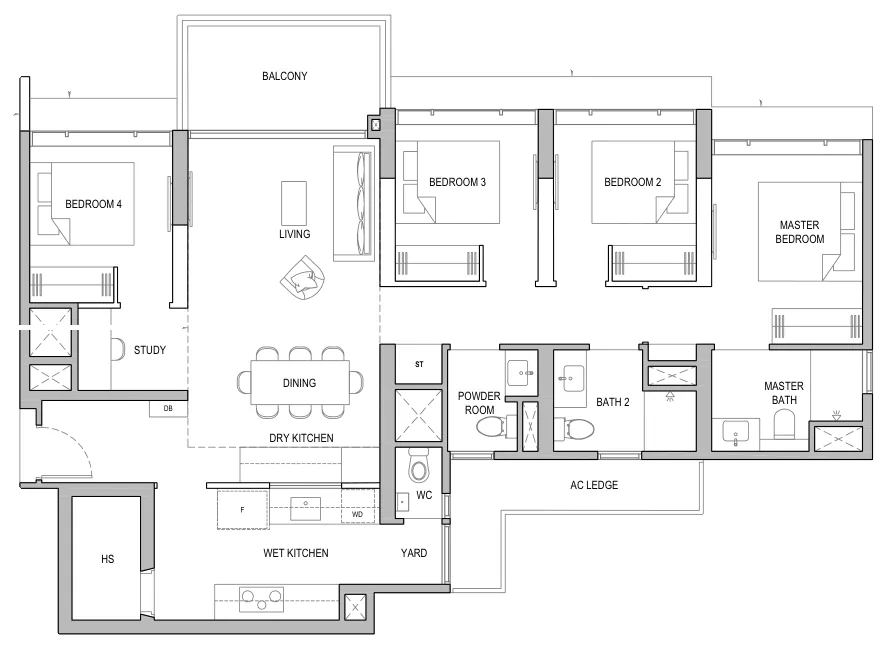 Floor plan of North Gaia type D3 / D3-H / D3-P, 4-Bedroom, 1,335 sq ft