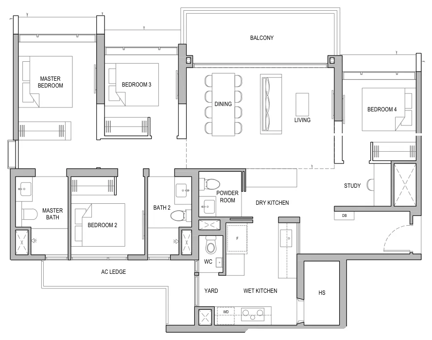 Floor plan of North Gaia type D4 / D4-H / D4-P, 4-Bedroom, 1,389 sq ft