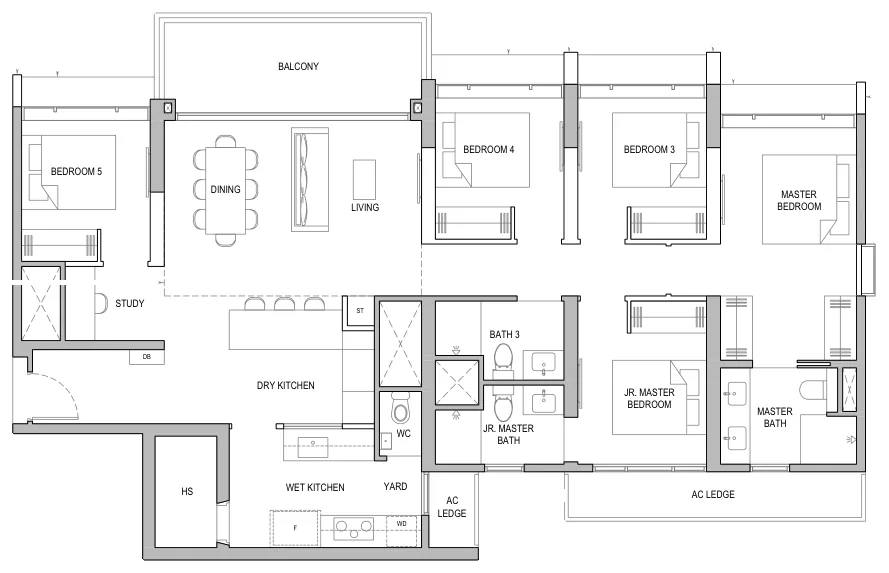 Floor plan of North Gaia type E1 / E1-H / E1-P, 5-Bedroom, 1,593 sq ft
