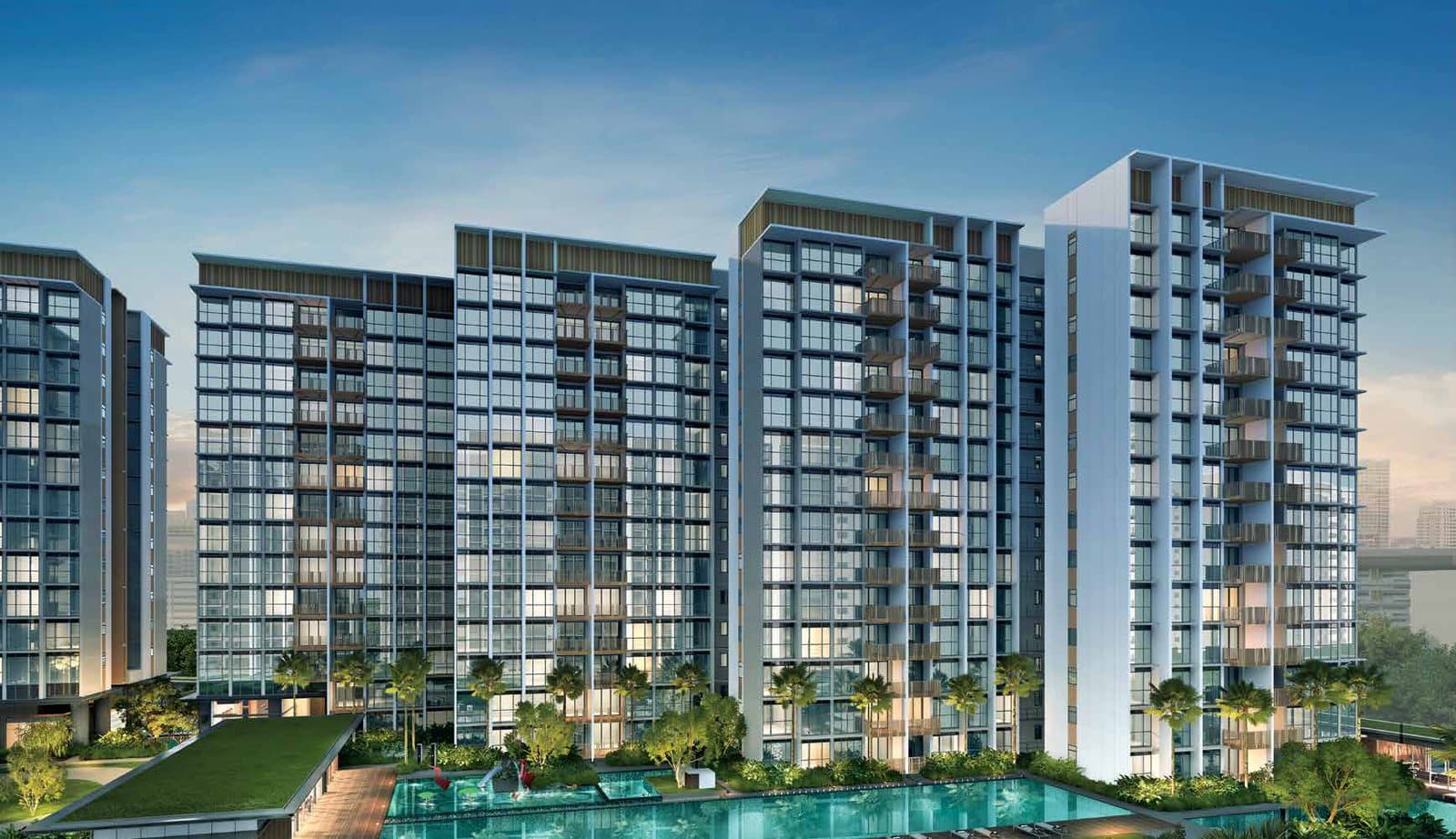Artist's impression of North Gaia at dusk: a row of 14-storey blocks with glazed fronts and balconies above the 50m Leisure Pool, the children's water play pool and a green-roofed clubhouse