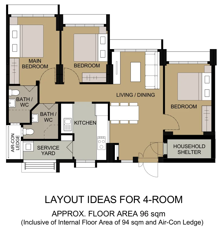 HDB floor plan of a 4-room flat at Northshore Edge, about 96 sqm