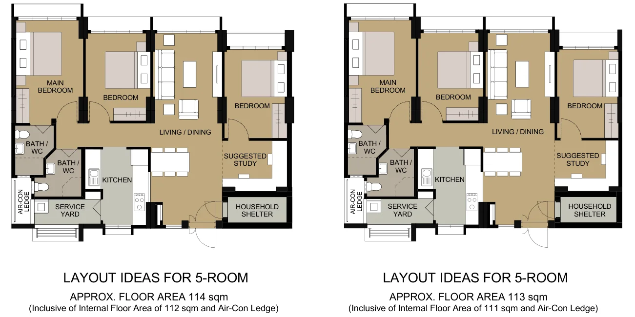 HDB floor plan of a 5-room flat at Northshore Edge, about 113 sqm