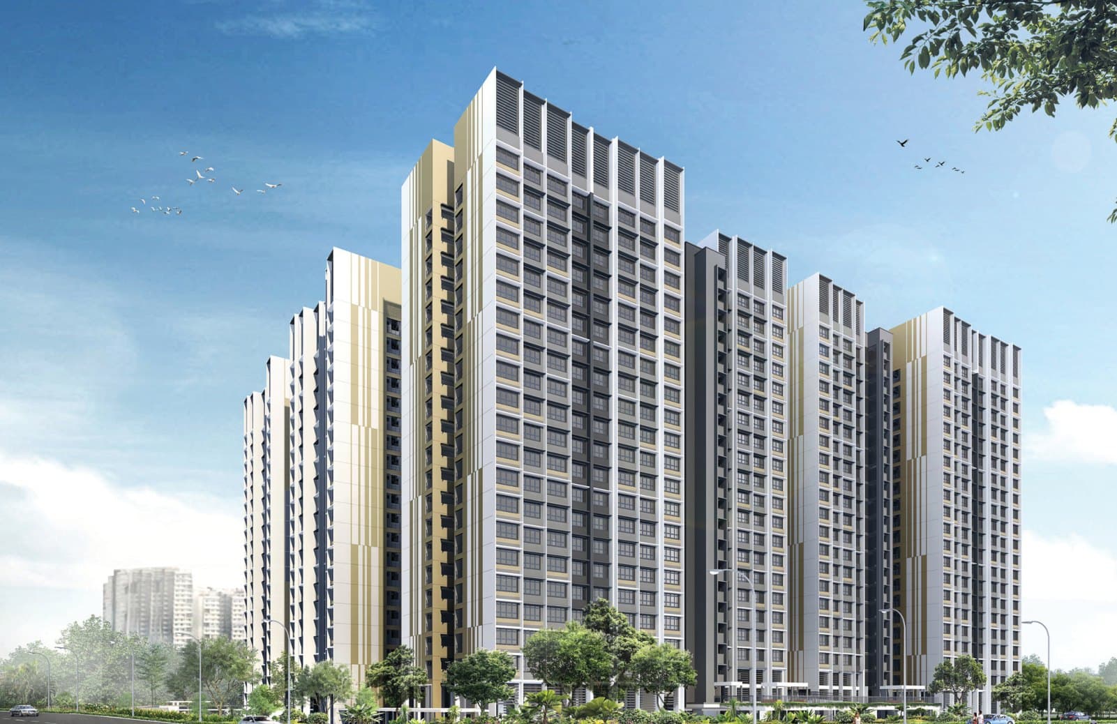 Artist’s impression of Northshore Edge: 21 and 22-storey white HDB blocks with gold and grey facade panels, seen from Punggol Way