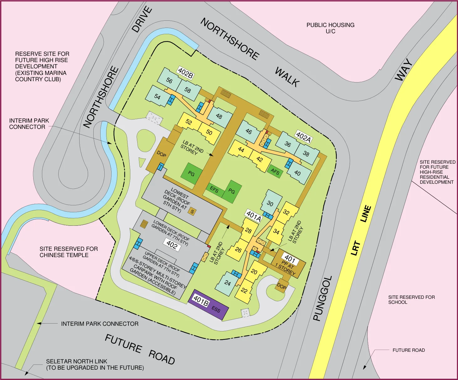 HDB site plan of Northshore Edge, blocks 401A, 402A and 402B