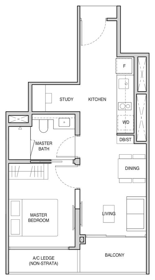 Floor plan of Norwood Grand type A1S, 1-Bedroom + Study, 495 sq ft