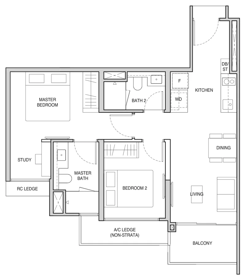 Floor plan of Norwood Grand type B1S, 2-Bedroom + Ensuite Study, 667 sq ft