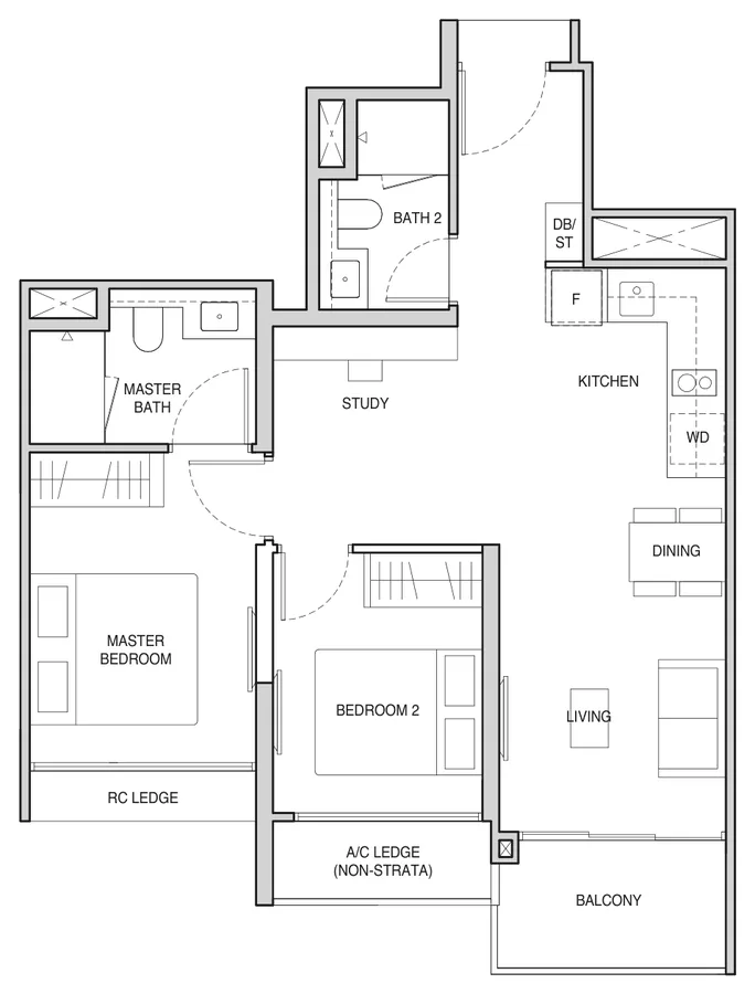 Floor plan of Norwood Grand type B2S, 2-Bedroom + Study, 710 sq ft