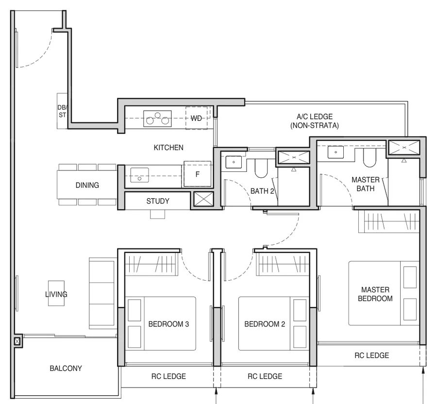 Floor plan of Norwood Grand type C2, 3-Bedroom Deluxe, 883 sq ft