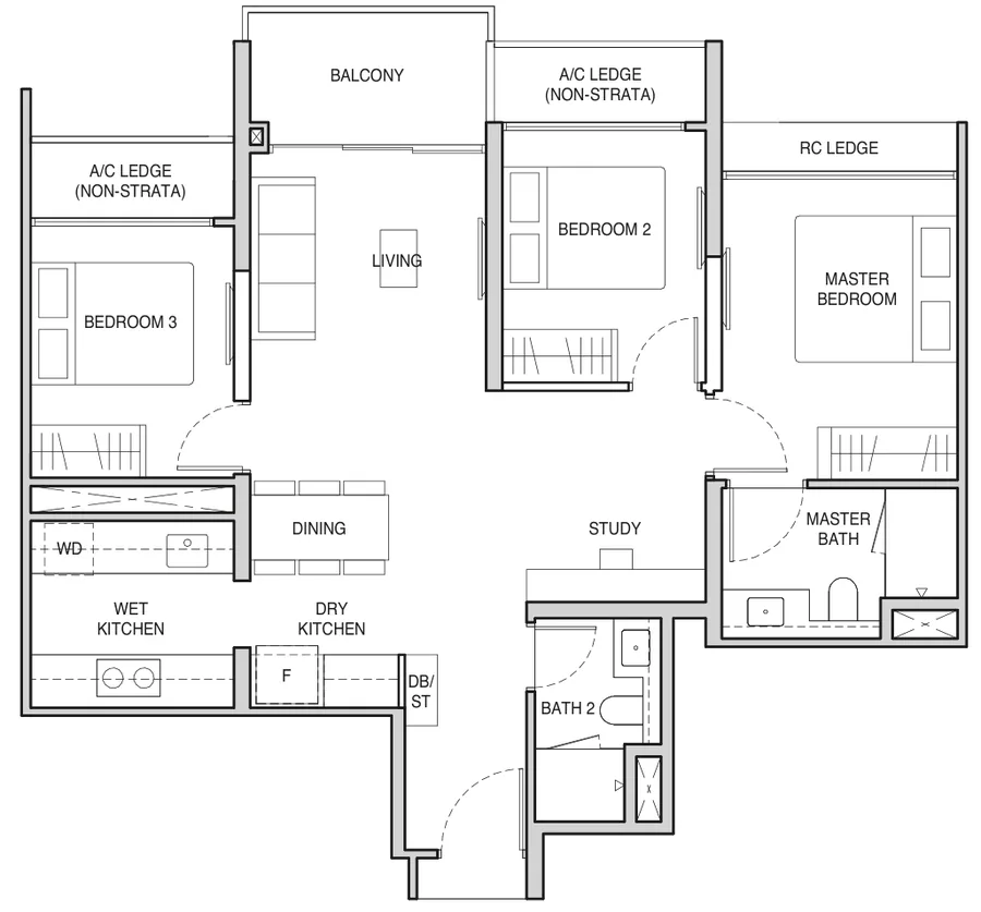 Floor plan of Norwood Grand type C3S, 3-Bedroom + Study, 904 sq ft
