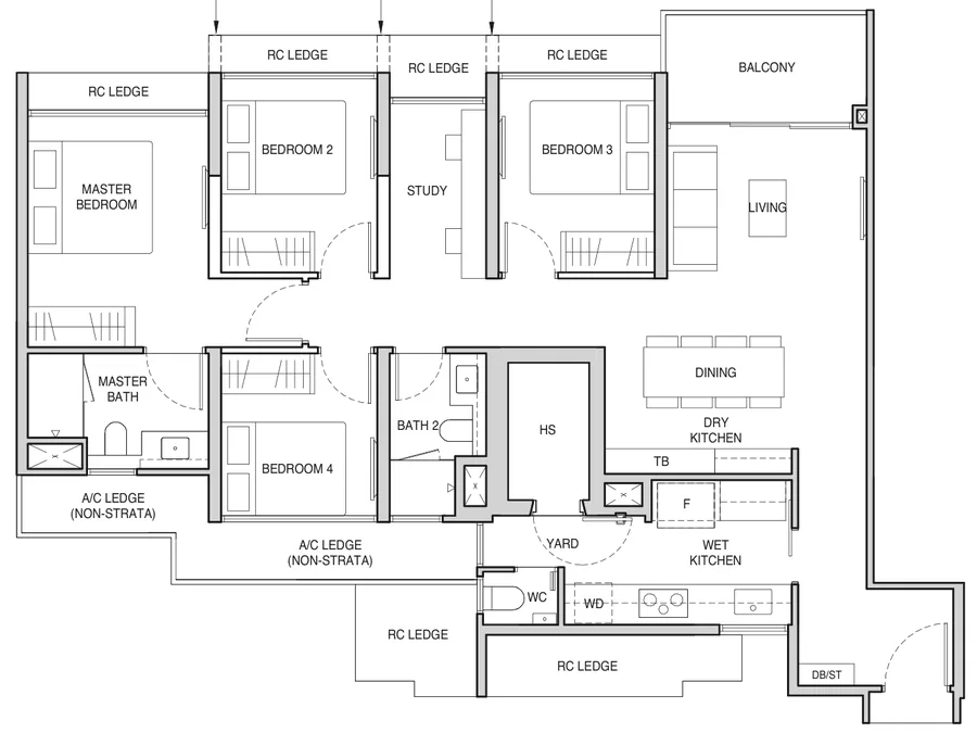 Floor plan of Norwood Grand type D1S, 4-Bedroom Deluxe + Study, 1,173 sq ft