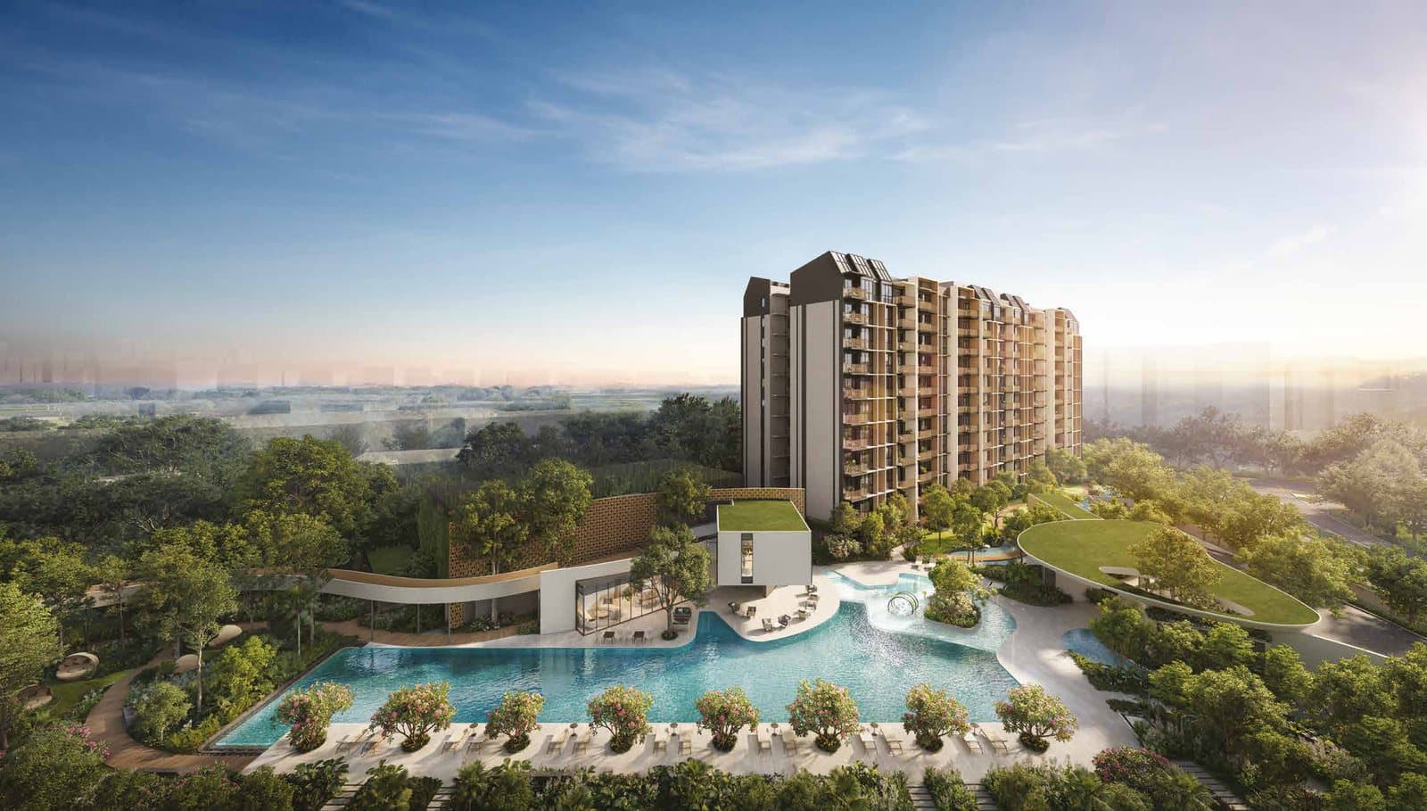 Artist's impression of Norwood Grand: the 50 m lap pool and kids pool with the Gymnasium above the pool deck, one of the 11-storey blocks behind and trees all round