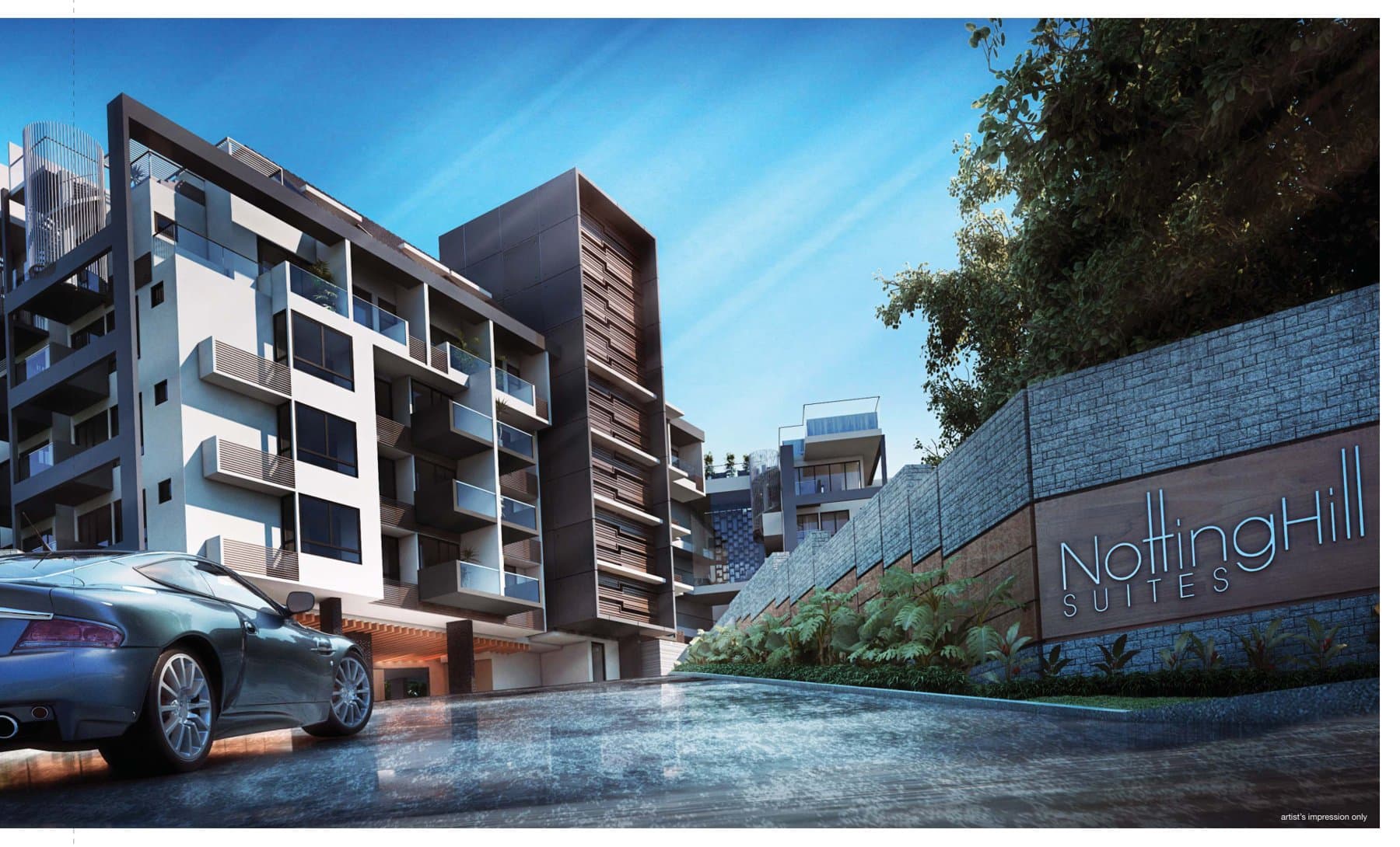 NottingHill Suites: the drive-in off Toh Tuck Road with the stone entrance wall and the 5-storey blocks behind