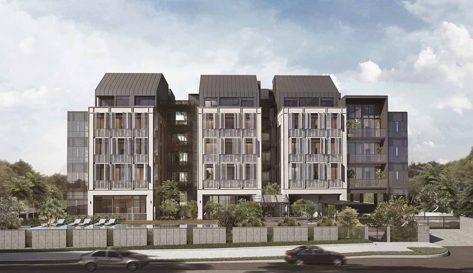 Olloi: three gabled five-storey blocks behind the pool, seen from Lorong 101 Changi