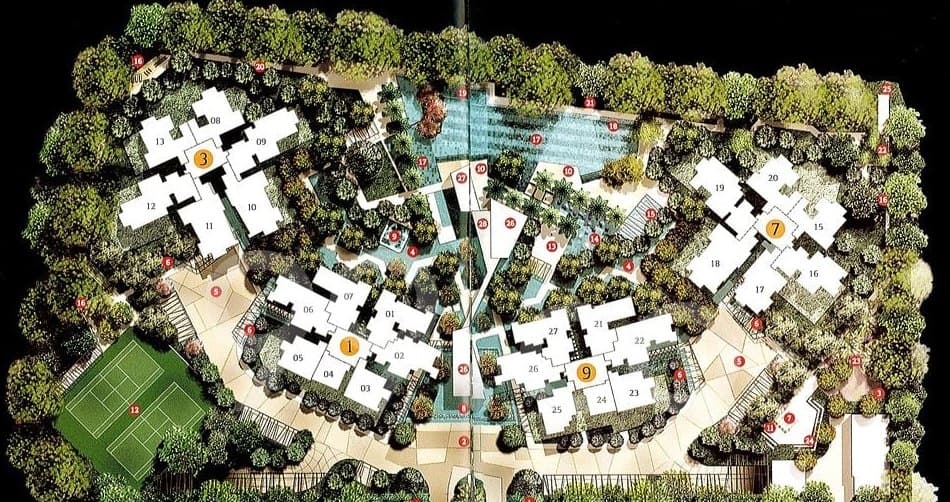 Site plan picture of One Amber from above: the four towers, 3 and 1 Amber Gardens on the left and 9 and 7 on the right, around the swimming pool and gardens