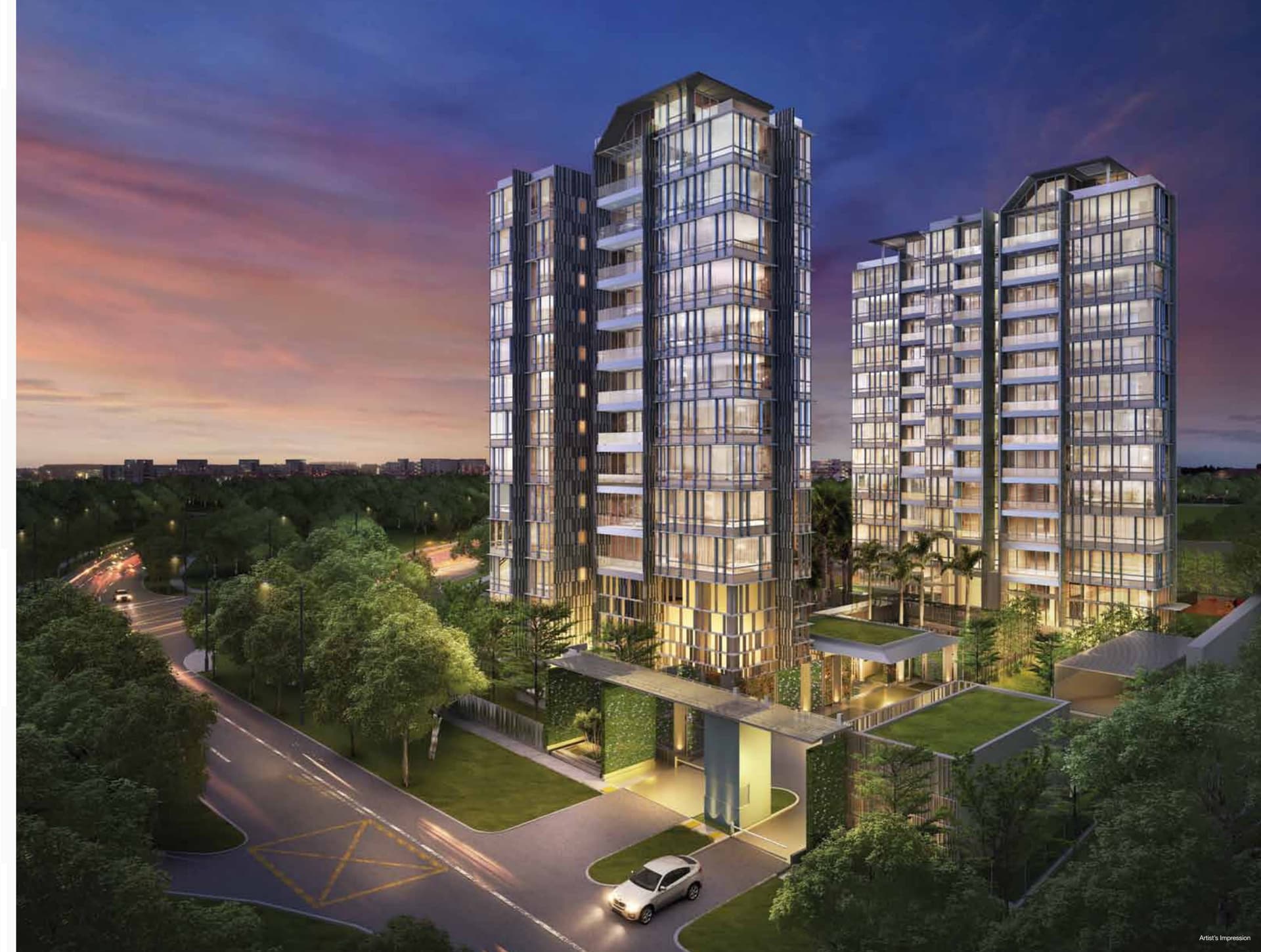 One Balmoral: two 12-storey glass towers above a landscaped entrance, lit at dusk