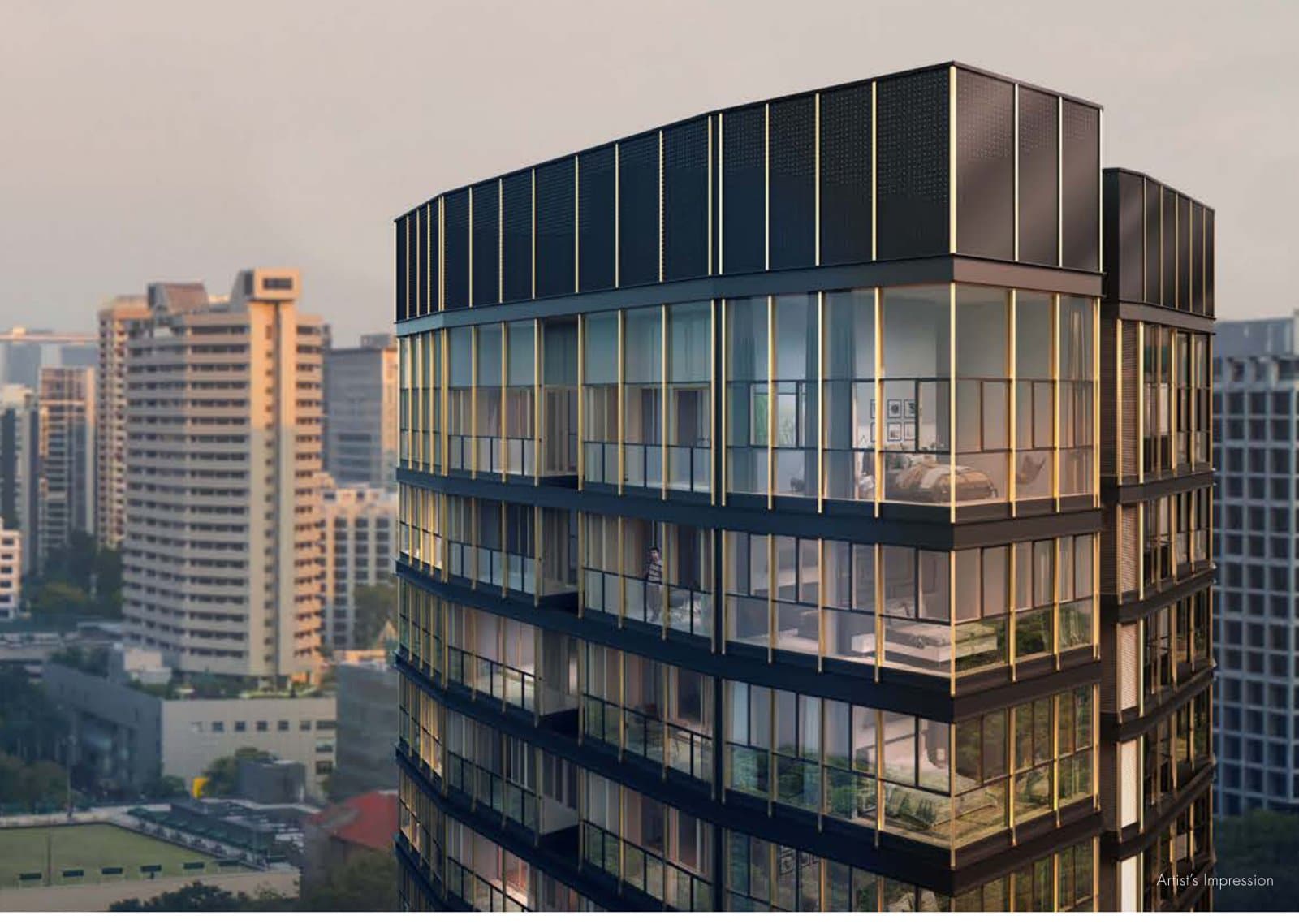 One Draycott: the top storeys of the glass tower with its gold trims and perforated black crown