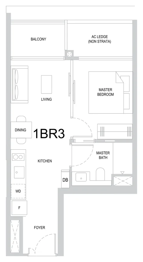Floor plan of One Marina Gardens type 1BR3, 1-Bedroom, 431 sq ft