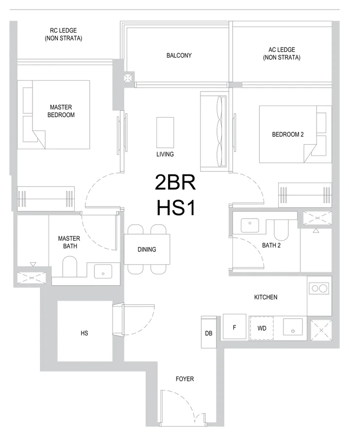Floor plan of One Marina Gardens type 2BR HS1, 2-Bedroom, 721 sq ft