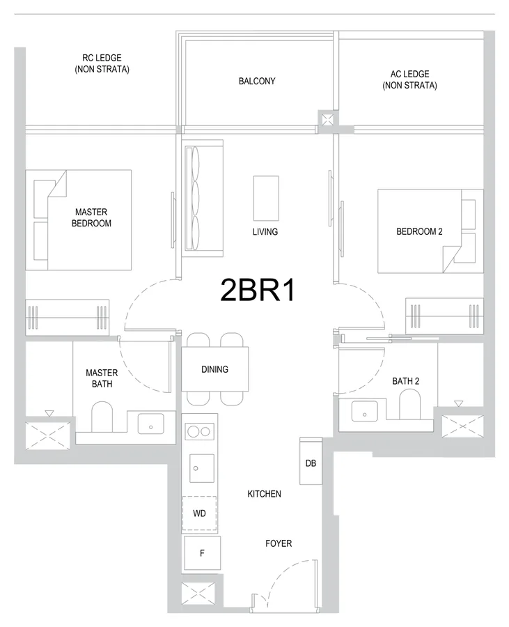 Floor plan of One Marina Gardens type 2BR1, 2-Bedroom, 646 sq ft