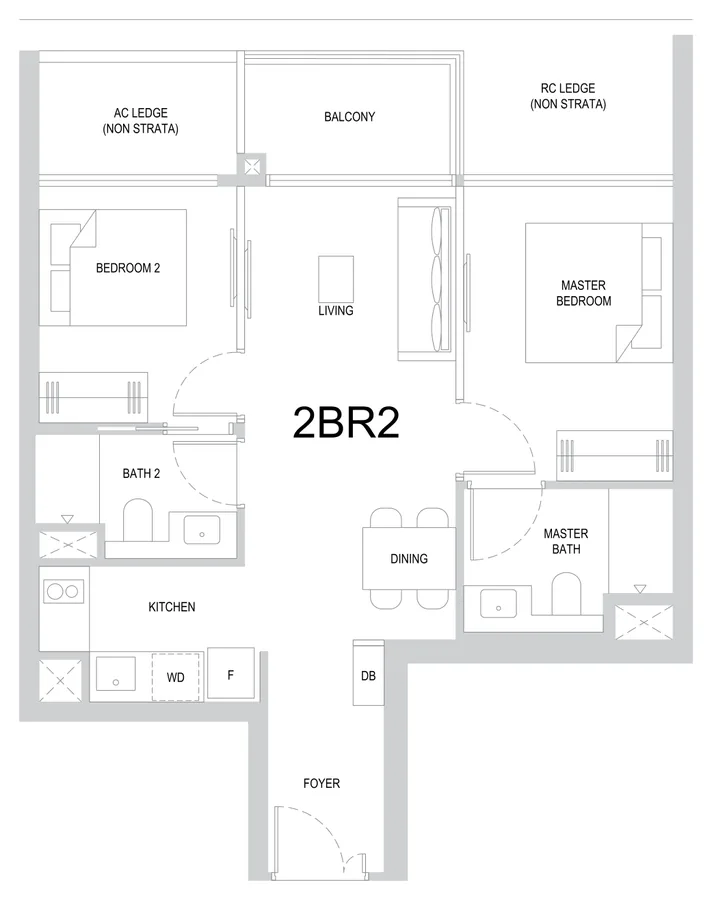 Floor plan of One Marina Gardens type 2BR2, 2-Bedroom, 667 sq ft